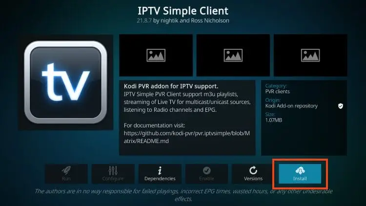 Kodi mit PVR IPTV Add-on auf einem Mac – Einrichtungsansicht