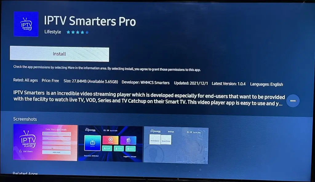Screenshot IPTV Smarters Pro Oberfläche auf Samsung TV