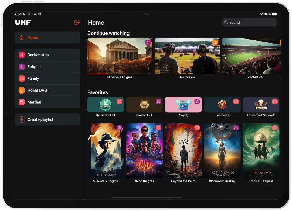 UHF IPTV App-Interface auf iPhone und Apple TV